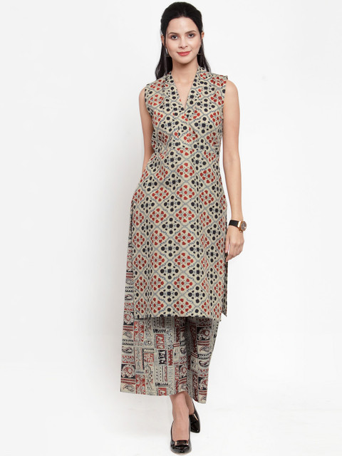 

Get Glamr Women Beige Printed Kurta with Palazzos