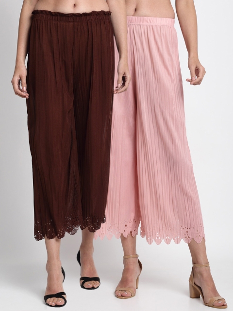 

NEUDIS Women Pack of 2 Brown & Pink Pleated Solid Culottes