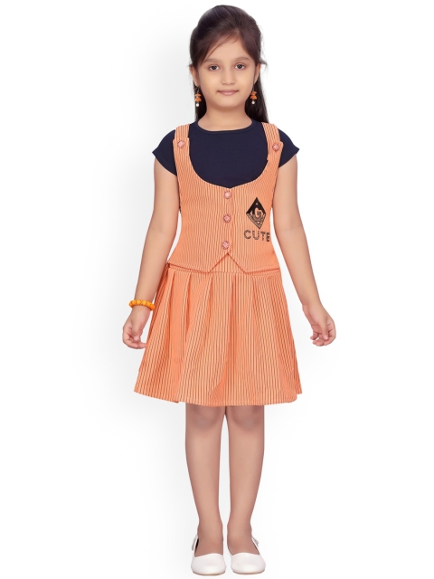

Aarika Girls Peach-Coloured & Navy Blue Striped Top with Skirt