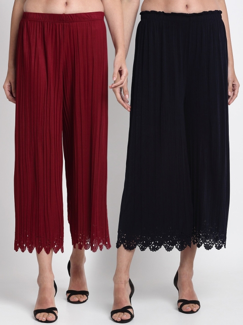 

NEUDIS Women Pack Of 2 Solid Wide Leg Palazzos, Maroon