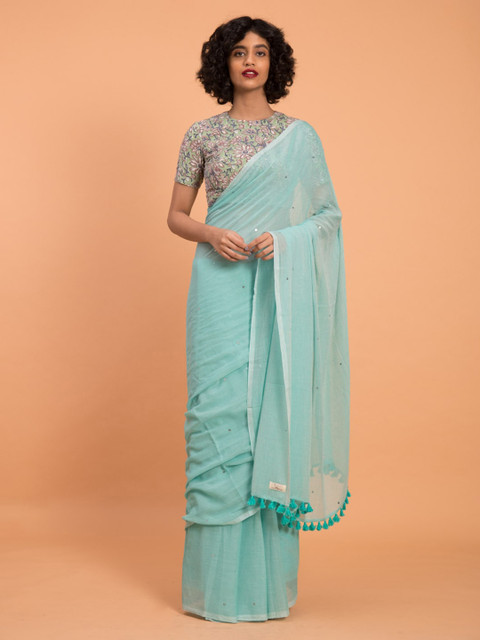 

Suta Light Blue Embellished Pure Cotton Saree, Turquoise blue