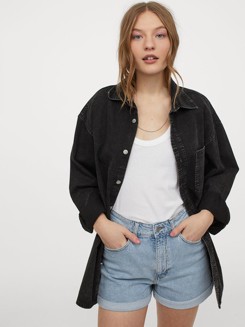 

H&M Women Black Cotton Oversized Shirt