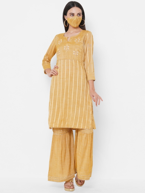 

FASHOR Women Mustard Yellow Striped Kurta with Pyjamas