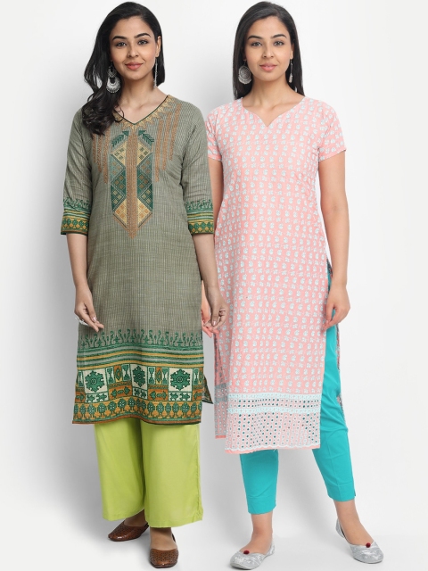 

7Threads Women Pack of 2 Printed Kurta, Pink