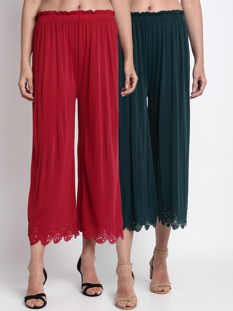 

NEUDIS Women Pack Of 2 Hem Design Wide Leg Palazzos, Green