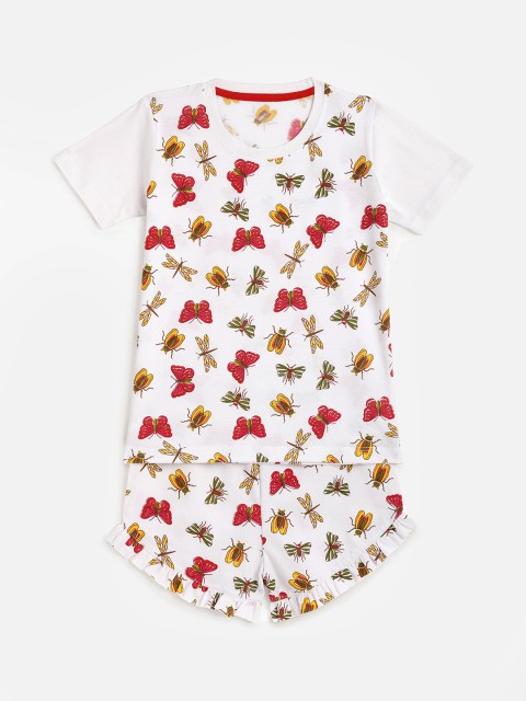 

KIDSCRAFT Girls White & Red Printed T-shirt with Shorts
