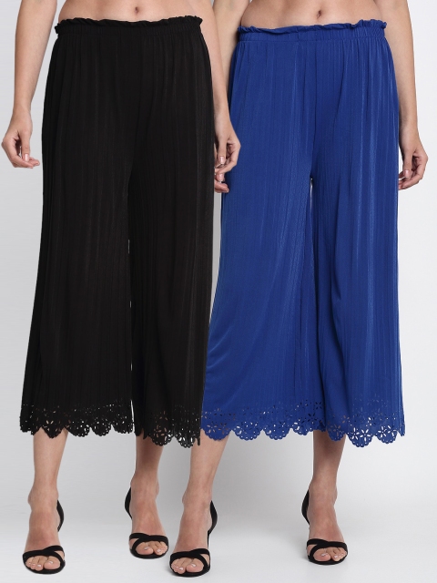 

NEUDIS Women Pack of 2 Black & Blue Hem Design Wide Leg Palazzos