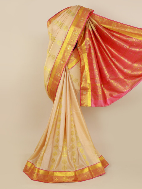 

Pothys Cream-Coloured & Pink Art Silk Woven Design Kanjeevaram Saree