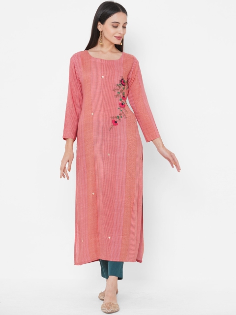 

FASHOR Women Peach-Coloured Striped Flared Sleeves Sequins Kurta