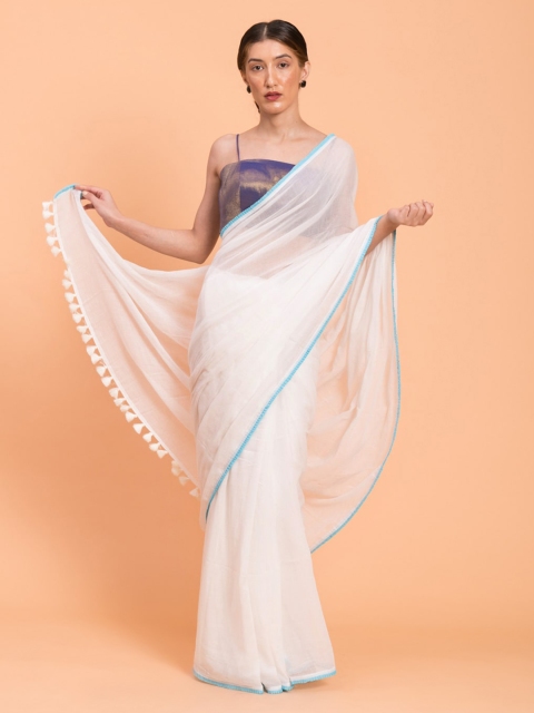 Suta White Solid Pure Cotton Saree with Blue Frills