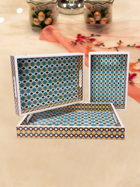 

Tistabene Set Of 3 Turquoise Blue & Orange Zukhti Printed Tray