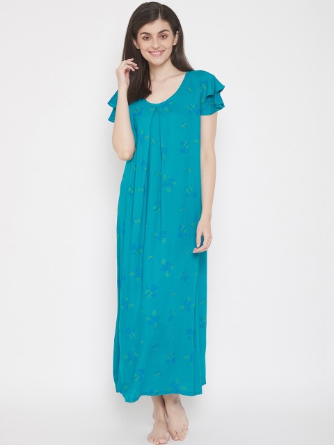 

Clovia Turquoise Blue & Green Floral Printed Nightdress NS1096E083