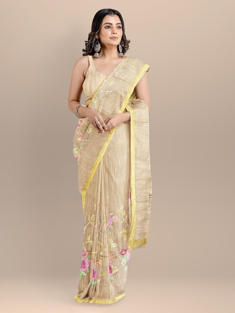 

BharatSthali Beige Solid Maheshwari Saree