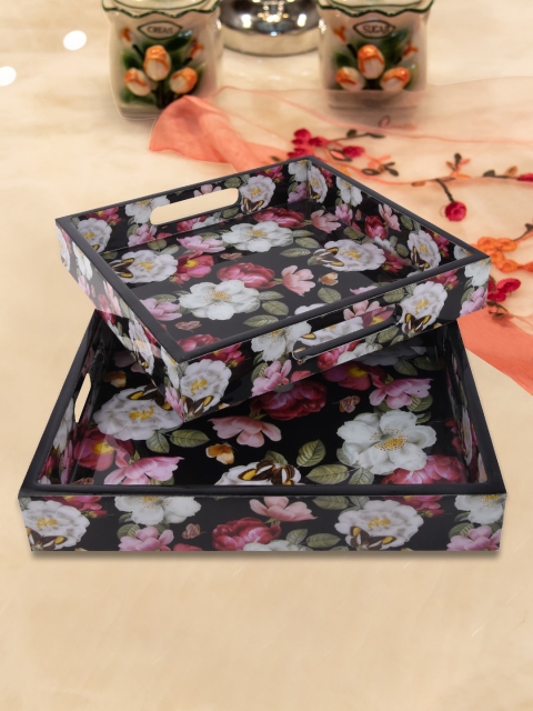 

Tistabene Set Of 2 White & Pink Floral Printed Wooden Trays