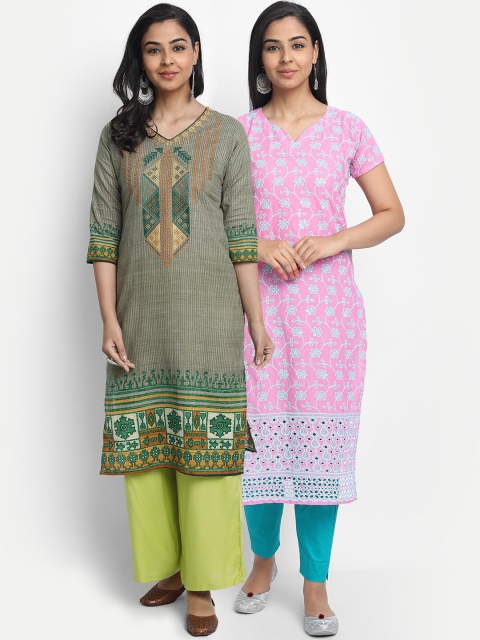 

7Threads Women Pack of 2 Embroidered Thread Work Kurtas, Pink