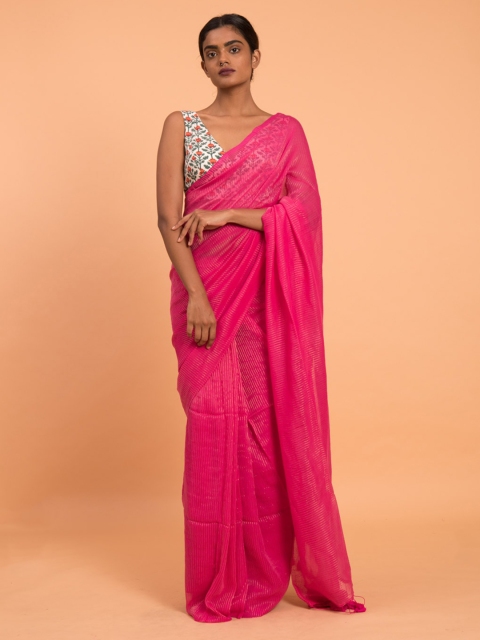 

Suta Pink Zari Striped Pure Cotton Handloom Saree
