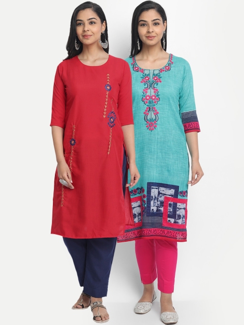 

7Threads Women Pack of 2 Embroidered Thread Work Kurtas, Blue
