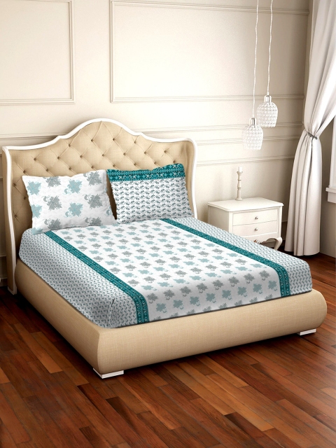 

BELLA CASA White & Blue Floral 250 TC Cotton 1 King Bedsheet with 2 Pillow Covers