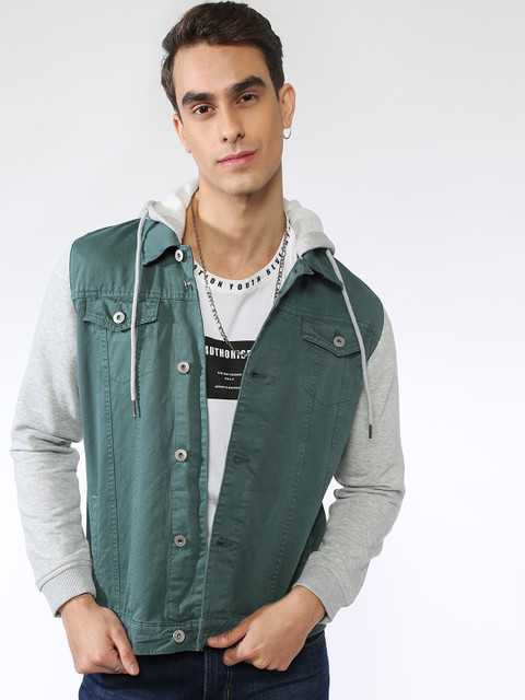 

Blue Saint Men Green & Grey Colorblocked Denim Jacket