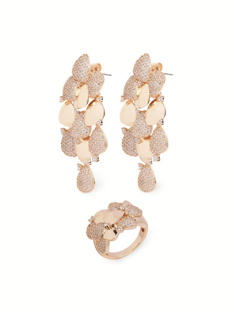 

shaze Rose-Gold Plated White Cubic Zirconia Stone Studded Floral Pave Jewellery Set