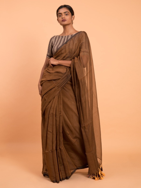 

Suta Brown Solid Sheer Saree with Tasseled pallu