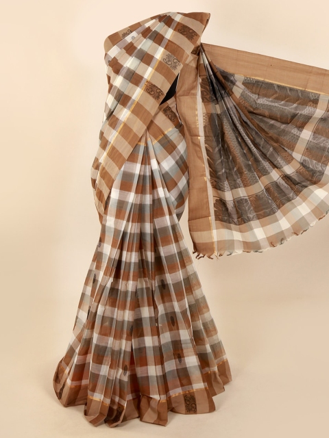 

Pothys White & Brown Pure Cotton Checked Saree