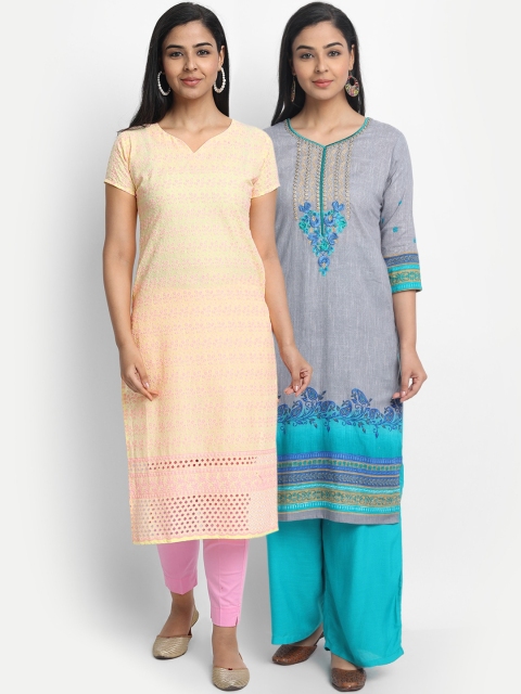 

7Threads Women Pack Of 2 Embroidered Thread Work Kurtas, Yellow