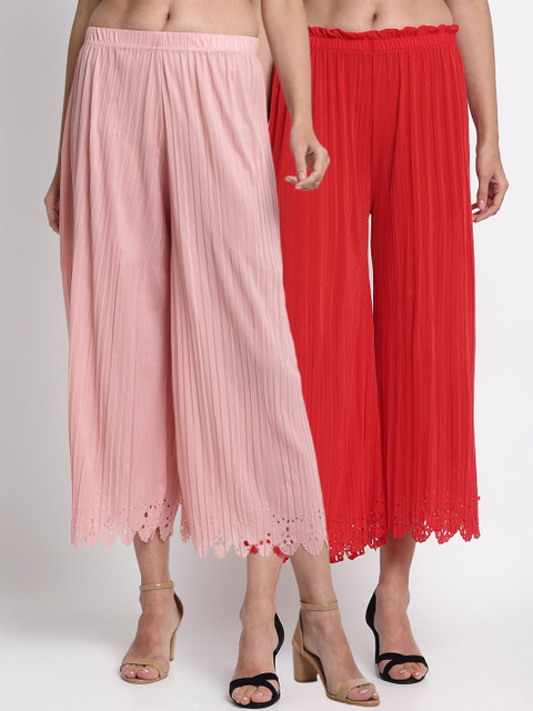 

NEUDIS Women Pack Of 2 Red & Pink Flared Solid Culottes