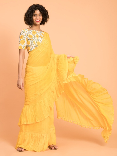 Suta Yellow Solid Pure Cotton Ruffle Saree