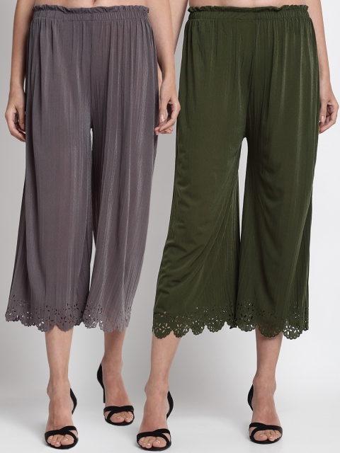 

NEUDIS Women Grey & Olive Green Hem Design Straight Palazzos