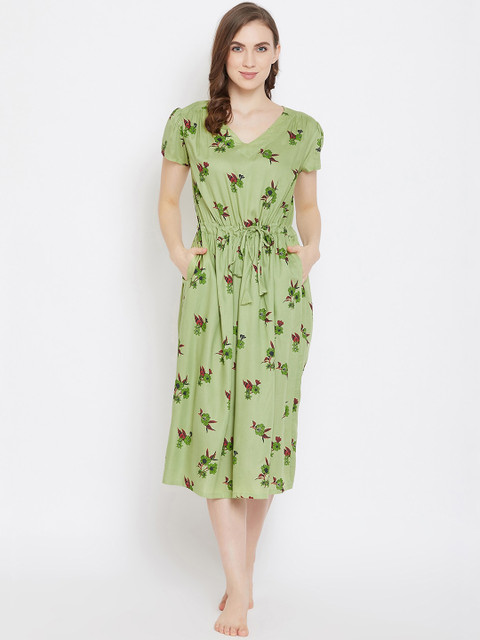 

Clovia Green & Red Floral Printed Nightdress NS1341P11