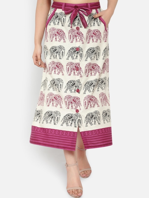 

Ayaany Women Off-White & Pink Ethnic Motif Printed A-Line Midi Skirt