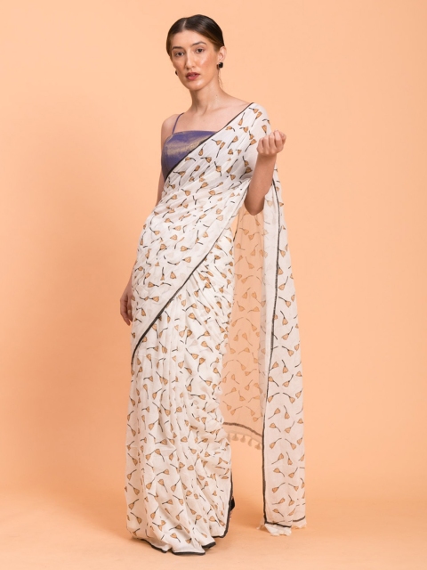 

Suta White & Yellow Cotton Blend Printed Saree