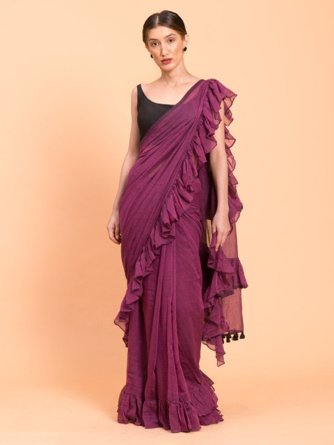 

Suta Purple Solid Pure Cotton Ruffle Saree