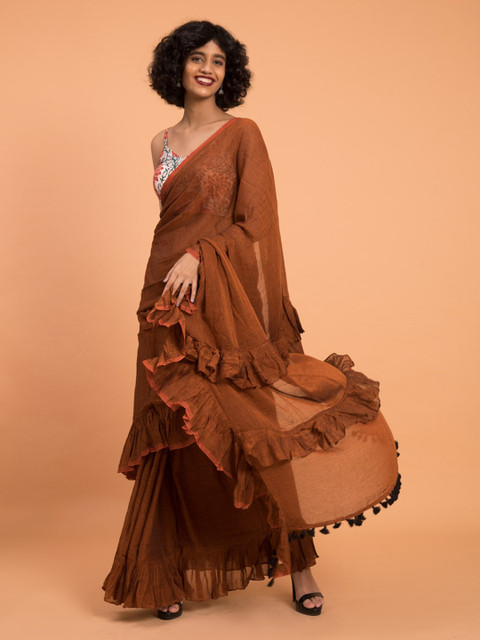 

Suta Brown Solid Pure Cotton Ruffle Saree