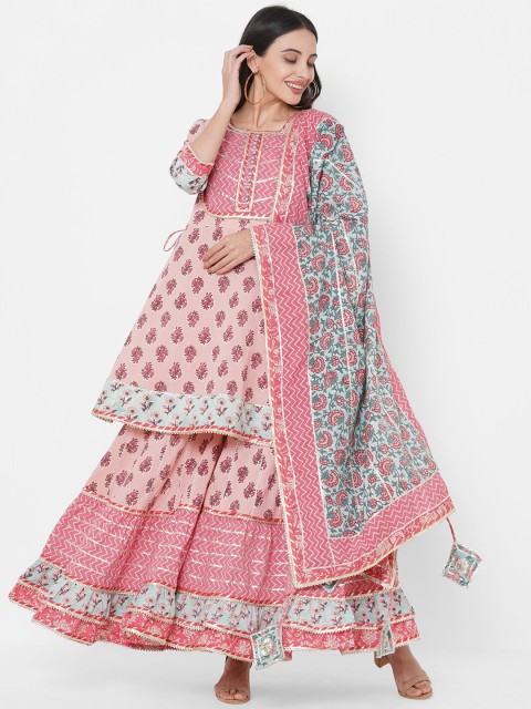 

FASHOR Women Pink Yoke Design Kurti with Skirt & Dupatta