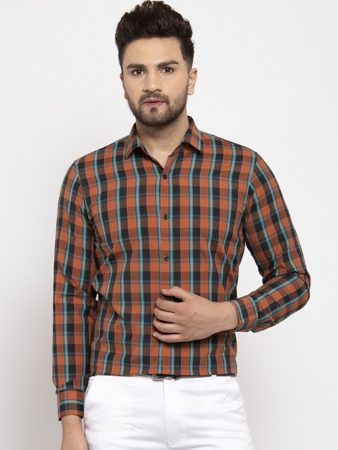 

JAINISH Men Orange & Blue Regular Fit Checked Cotton Formal Shirt