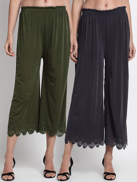 

NEUDIS Women Pack of 2 Olive Green & Grey Hem Design Wide Leg Palazzos