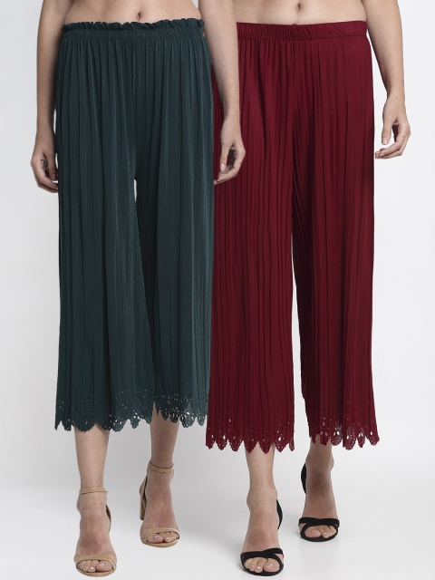 

NEUDIS Women Pack of 2 Maroon & Green Pleated Solid Culottes