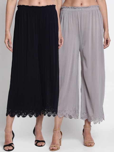 

NEUDIS Women Pack Of 2 Navy Blue & Grey Flared Solid Culottes