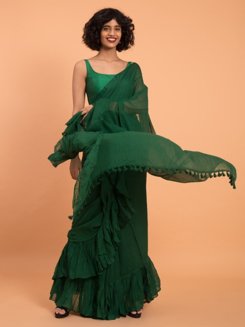 

Suta Green Solid Pure Cotton Ruffle Saree
