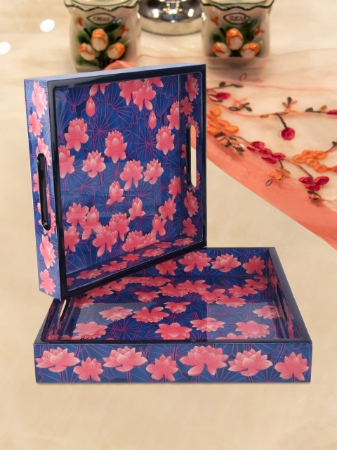 

Tistabene Set Of 2 Blue & Pink Floral Printed Trays