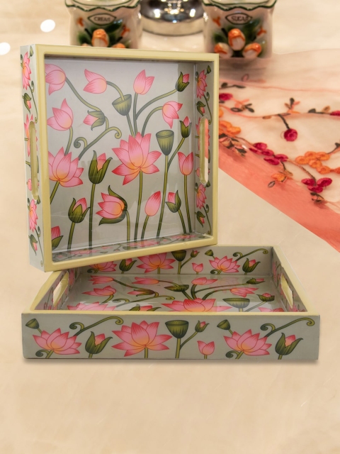 

Tistabene Set Of 2 Pink & Green Kalika Lotus Design Printed Wooden Trays