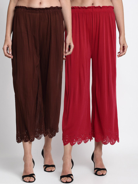 

NEUDIS Women Pack of 2 Brown & Red Hem Design Wide Leg Palazzos