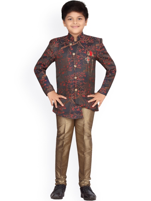

Aj DEZInES Boys Red & Gold Coloured Printed Sustainable Sherwani Set