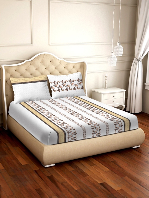 

BELLA CASA White & Beige Ethnic Motifs 250 TC Cotton 1 King Bedsheet with 2 Pillow Covers