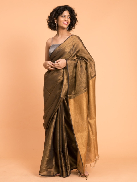 

Suta Brown and Gold-Toned Solid Linen Zari Saree
