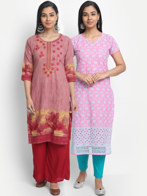 

7Threads Women Multicoloured Set of 2 Yoke Design Thread Work Straight Kurta, Multi