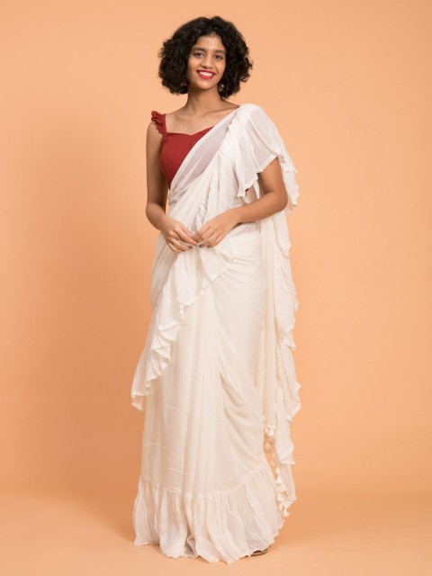 

Suta White Solid Pure Cotton Ruffle Saree