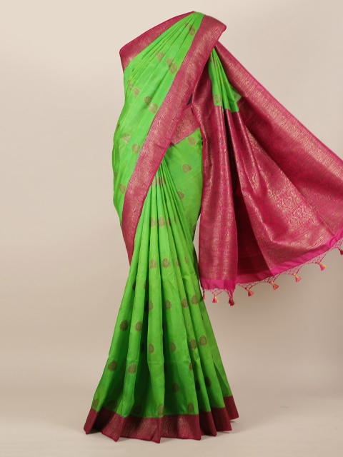 

Pothys Green & Gold-Toned Jute Silk Woven Design Saree With Tasseled Pallu